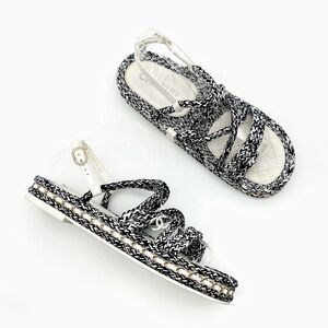 CHANEL Blue White Rope Interlocking CC Charm Dad Sandal Size 40 Chain Slingback